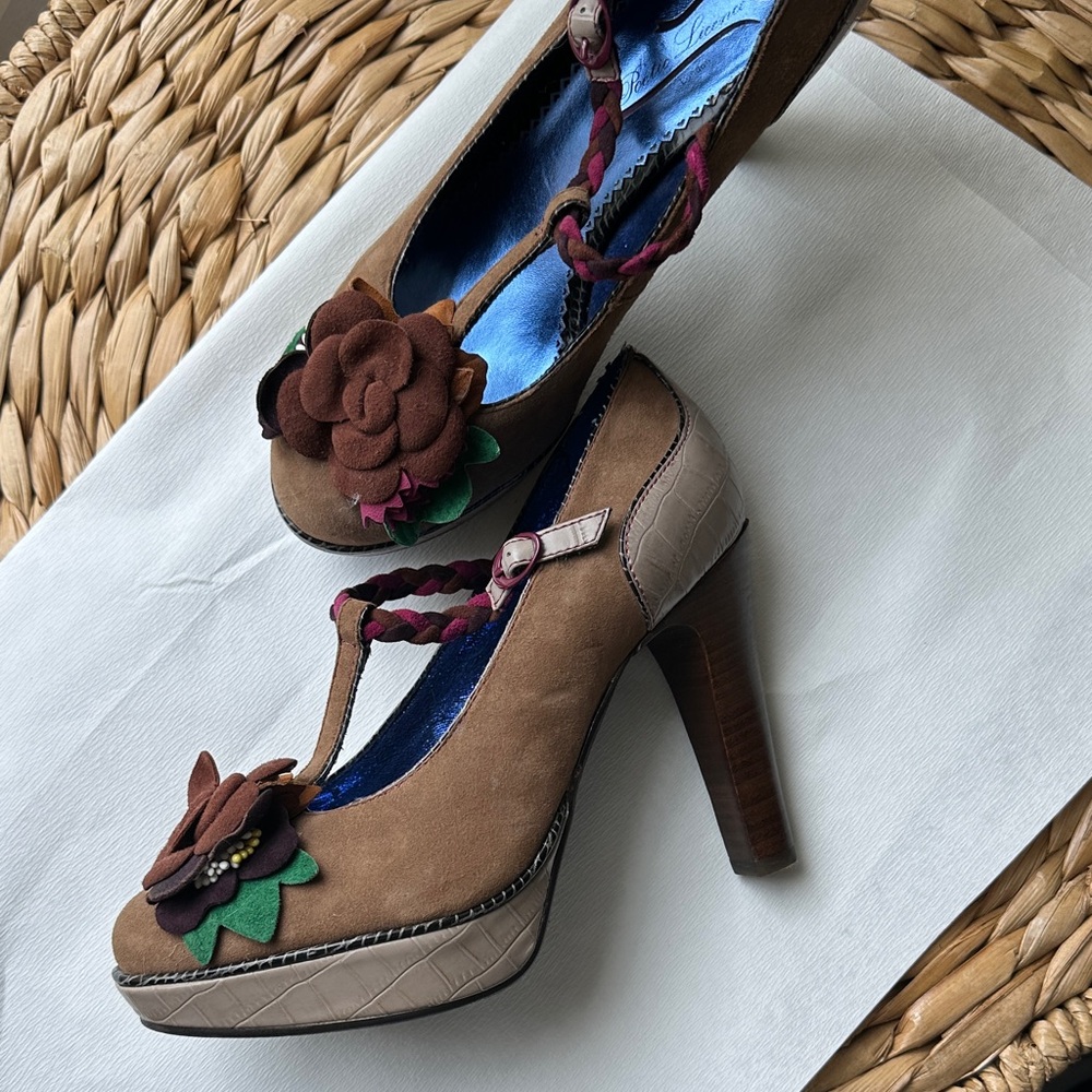 Poetic License Brown Floral T-Strap Platform Heels with Pink and Green Accents